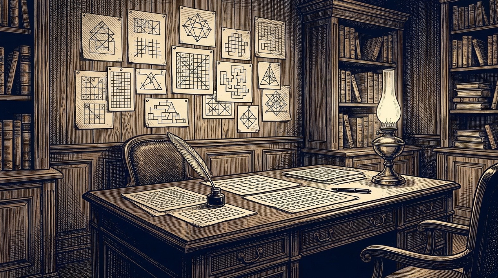 Victorian study with logic diagrams, ink pen and paper grids